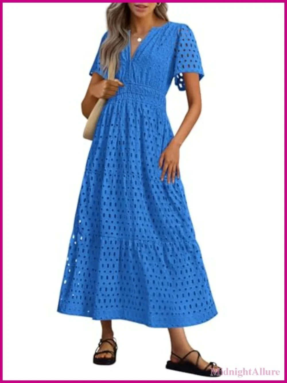 Women's Eyelet Maxi Dress Boho Smocked Waist Short Sleeve V Neck A-Line Flow